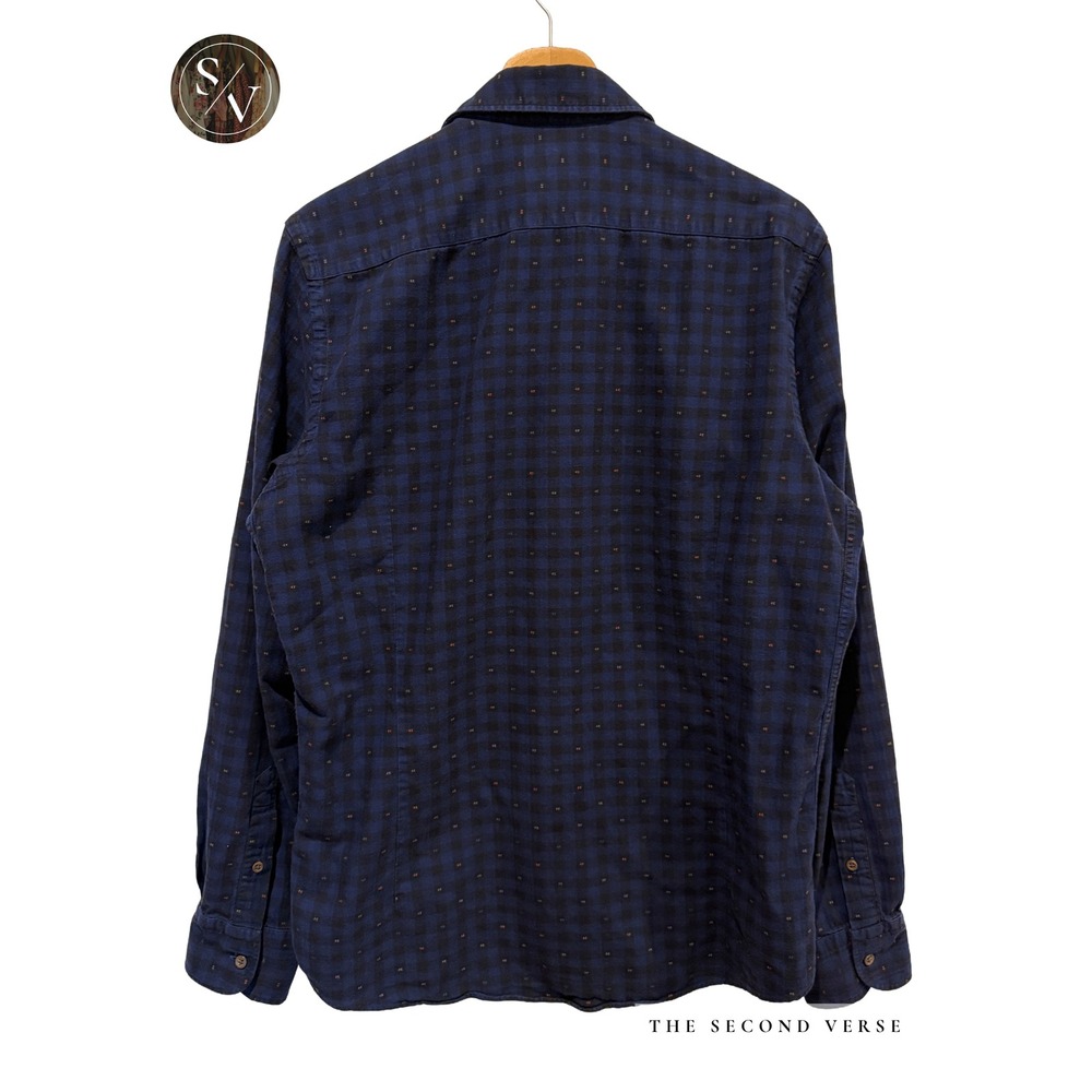 Massimo Dutti Mens Navy Black Navy Check Embroidered Tessuto Italiano Shirt L - Picture 2 of 7